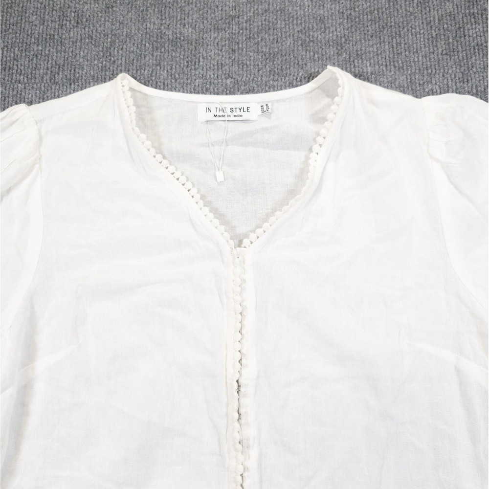 Crop Top Linen Blend Shirt Women 12 White Pompom Trim Festival Boho Cottagecore - Picture 4 of 11